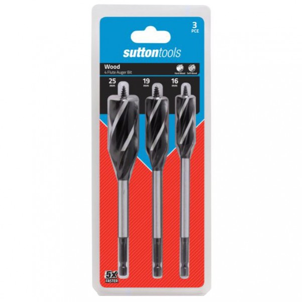 Sutton Tools D5140003 - 3 Piece 4 Flute 16-25mm Auger Bit Set Timber Augers