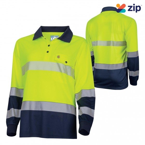 TRU TSW2425T1 Recycled Womens Anti-Microbial Micromesh L/S Two Tone Hi-Vis Polo Shirt With Segmented Tape - Yellow / Navy