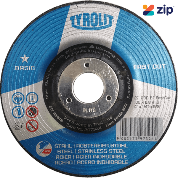 Tyrolit Y297324 Basic Rough Grinding Wheel 100x6.0x16mm for Steel/Stainless