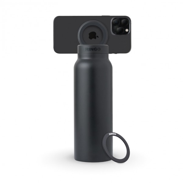 Ringo All-in-One Water Bottle with Magnetic Phone Mount - Black 710ml (24oz) Accessories for Smartphones and Tablets